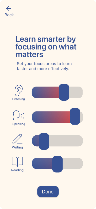 Skill focus screen letting learners adjust slider emphasis on listening, speaking, writing, and reading