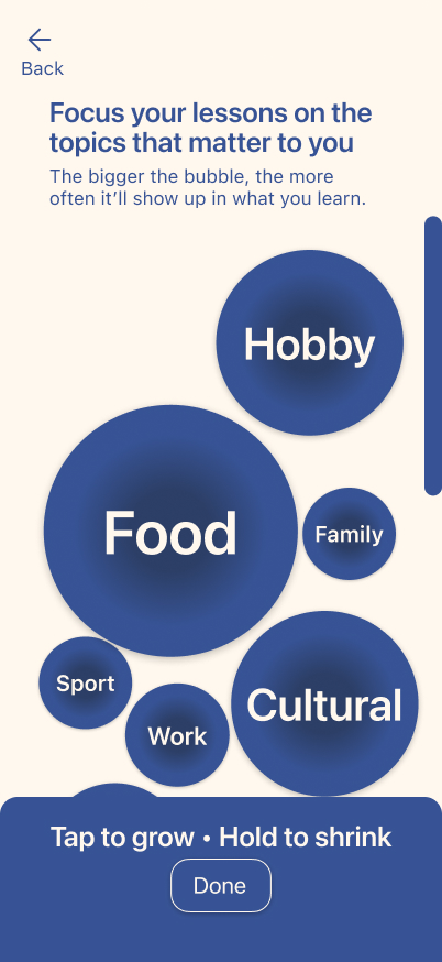 Topic bubble screen letting learners prioritize subjects like food, work, hobby, or cultural topics