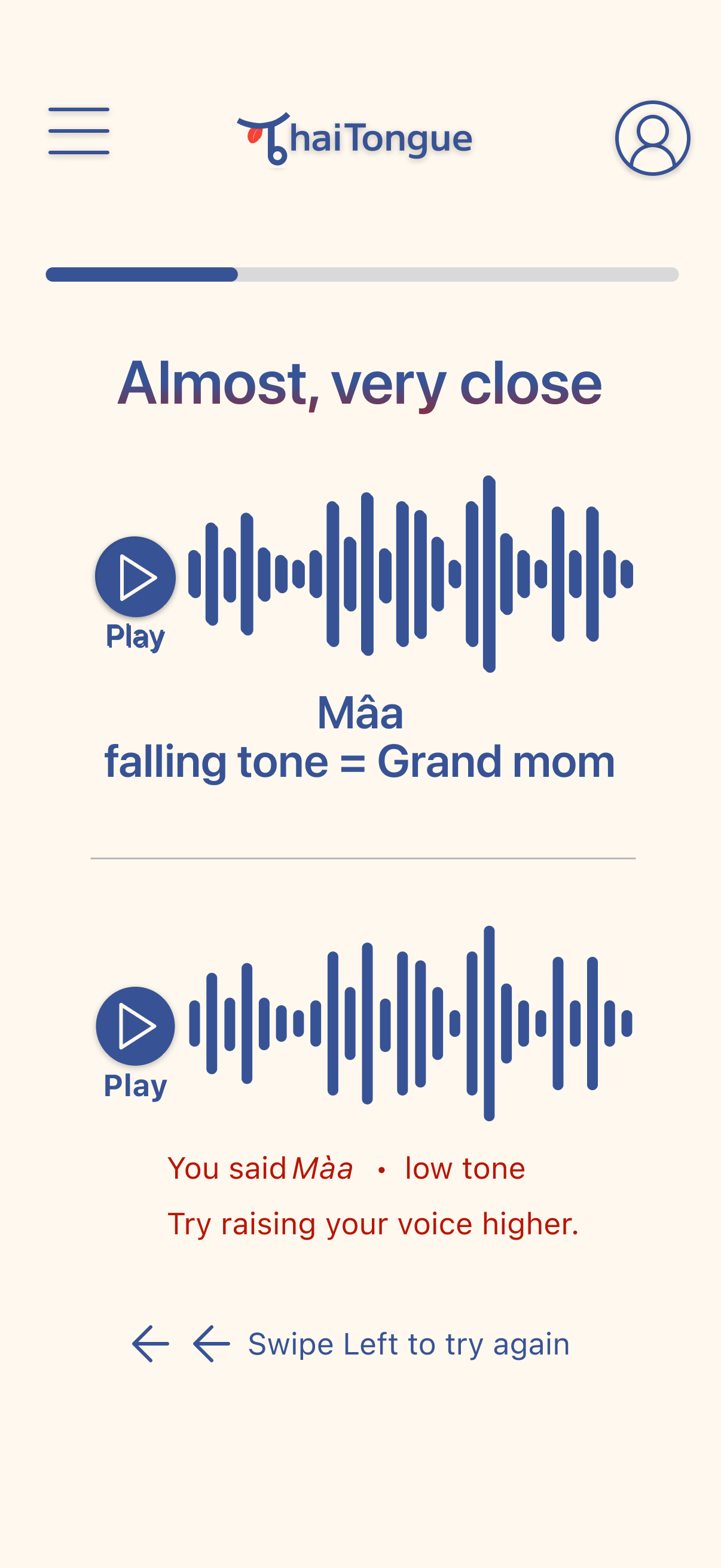 AI feedback screen showing learner said wrong tone with specific correction and suggestion to try again