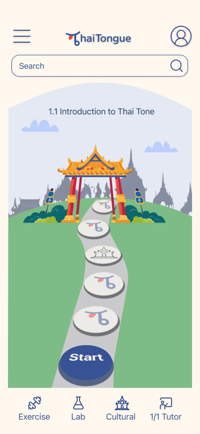 Thai Tongue home screen showing a perspective path journey through a Thai landscape with lesson stones
