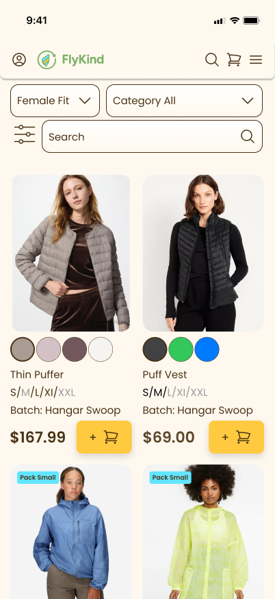 FlyKind product listing showing individual items with color swatches, batch name, and pricing