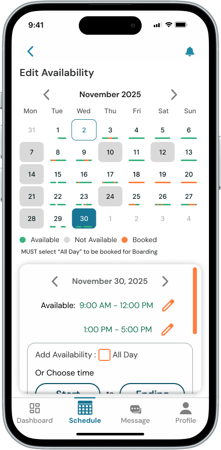 Calendar view showing provider availability with clear visual indicators for open and booked days