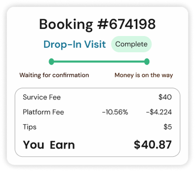 Earnings breakdown showing service fee, platform fee, tips, and total earnings