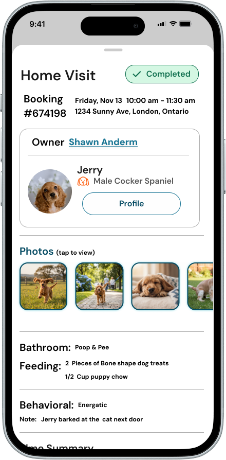 Unified booking summary screen showing booking details, visit info and earnings