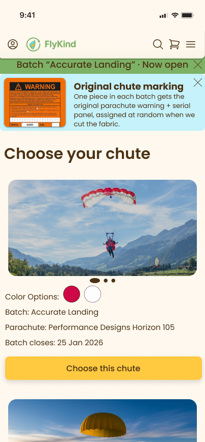 Choose your chute screen showing parachute selection with batch details and closing date