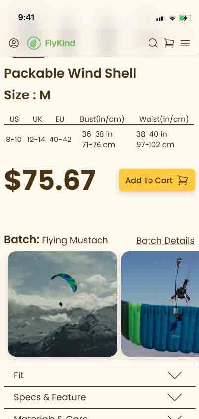 Product detail page showing batch name, parachute source imagery, and expandable specs
