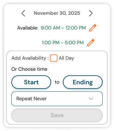Edit panel sliding up within the calendar view so the schedule stays visible during editing