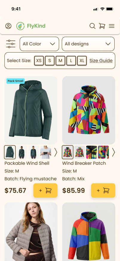 FlyKind product listing with size filter, multiple product images, and batch labels