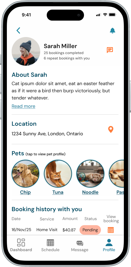 Owner and pet profile details accessible within the post-service flow