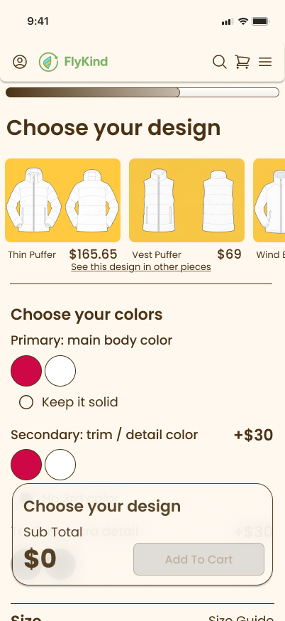 Product customization flow with sticky instruction bar showing subtotal and next step